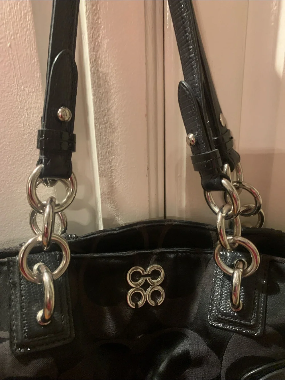 Coach Black Signature Shoulder Bag with Chain-Link Straps